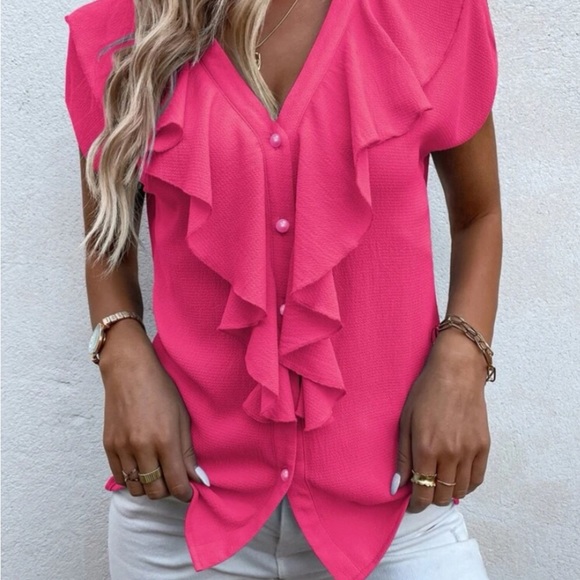 NWOT Hot Pink Plunging V Neck Blouse - Picture 2 of 7